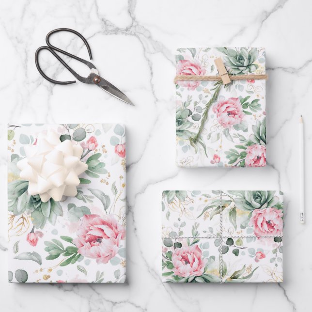 Succulent Gold Greenery and Pink Flowers Elegant Wrapping Paper Sheet (Front)