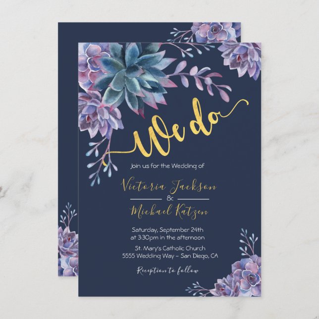 Succulent Gold Navy Aquarelle invitations mariage (Devant / Derrière)