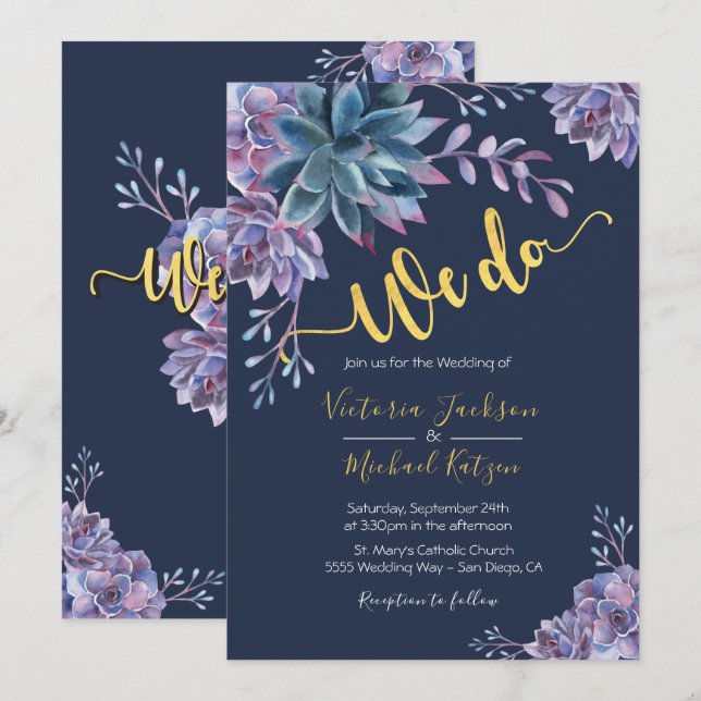 Succulent Gold Navy Watercolor Wedding invitations (Front/Back)