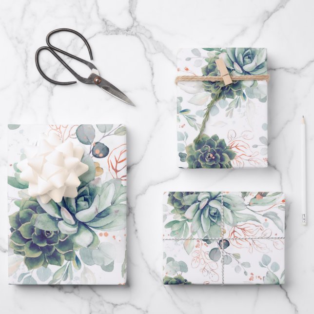 Succulent Greenery and Rose Gold Eucalyptus Leaves Wrapping Paper Sheet (Front)