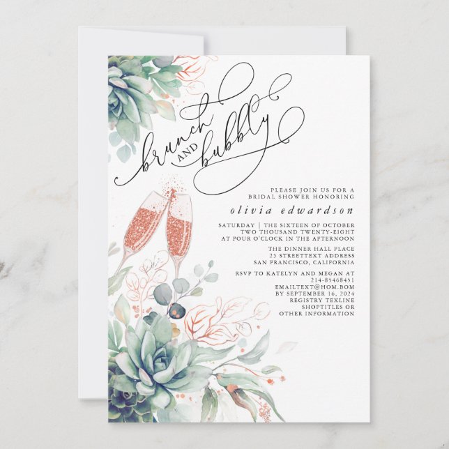 Succulent Greenery Brunch and Bubbly Bridal Shower Invitation (Front)