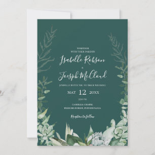 Succulent Greenery   Dark Green All In One Wedding Invitation