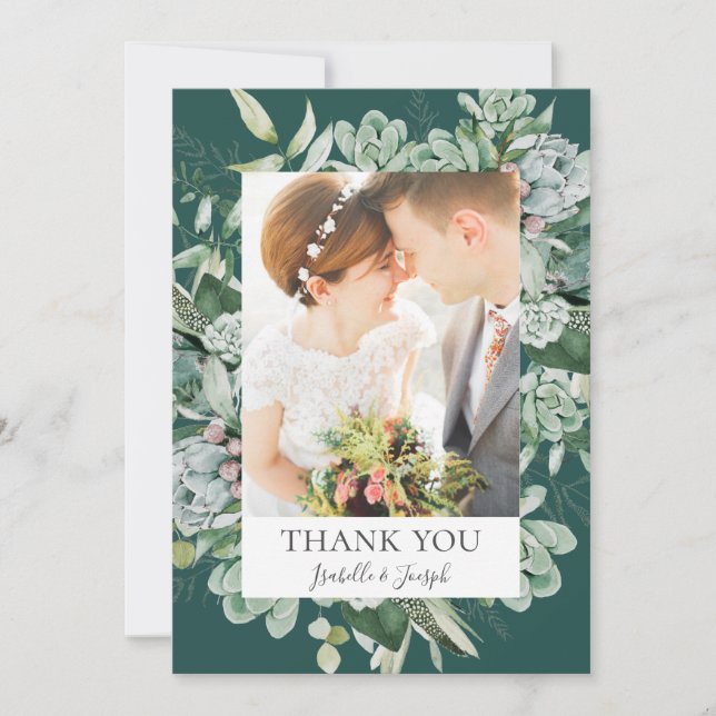 Succulent Greenery | Dark Green Flat Photo Thank You Card (Front)