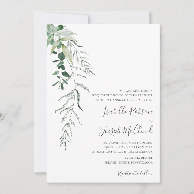 Succulent Greenery Dark Green Traditional Wedding Invitation (Front)