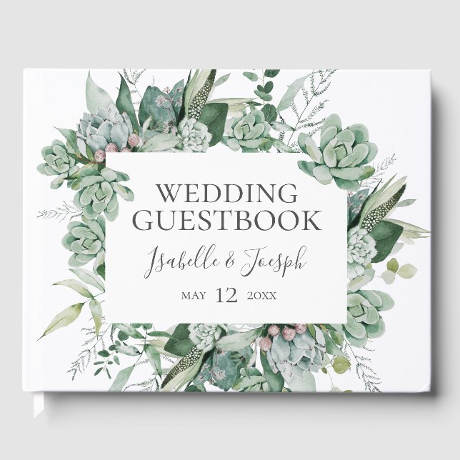 Succulent Greenery | Dark Green Wedding Guest Book (Front)
