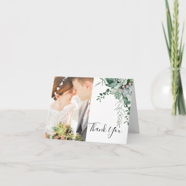 Succulent Greenery | Folded Front and Back Photo Thank You Card (Front)
