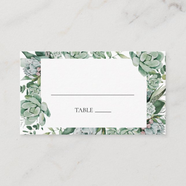 Succulent Greenery | Green Flat Wedding Place Card (Front)