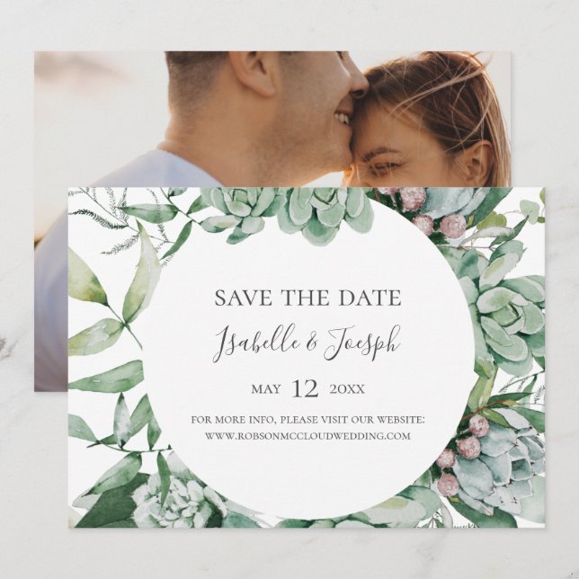 Succulent Greenery Photo Horizontal Save the Date (Front/Back)