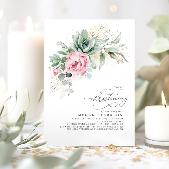 Succulent Greenery Pink Flowers Modern Christening Invitation (Christening pink flowers and succulents greenery invitations for girl)