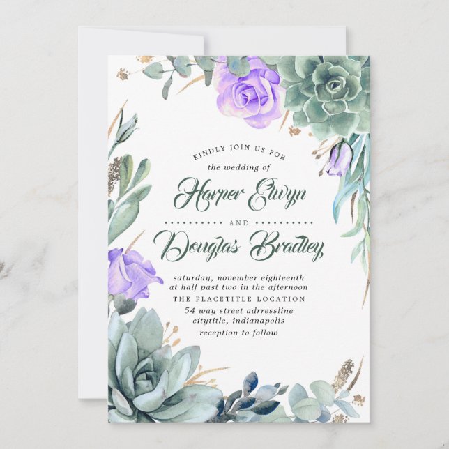 Succulent Greenery Purple Floral Modern Wedding Invitation (Front)
