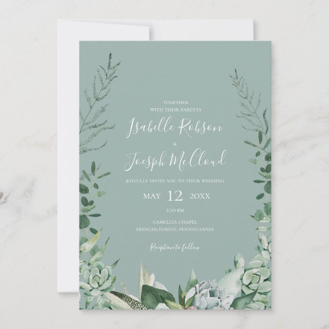 Succulent Greenery | Sage Green All In One Wedding Invitation (Front)