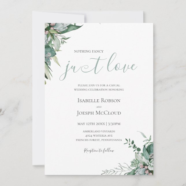 Succulent Greenery | Sage Green Just Love Wedding Invitation (Front)