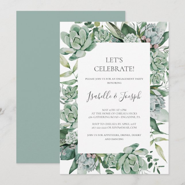 Succulent Greenery | Sage Green Let's Celebrate In Invitation (Front/Back)
