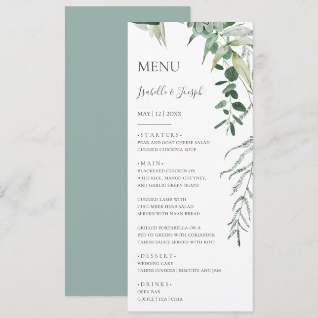 Succulent Greenery Sage Green Wedding Dinner Menu (Front/Back)