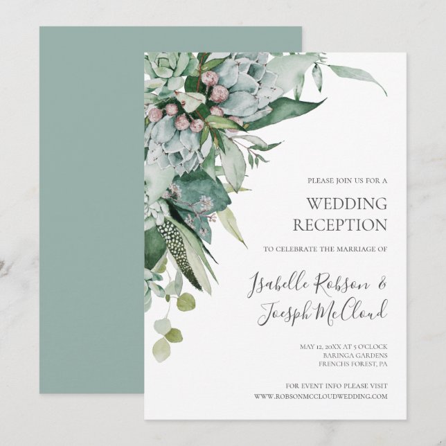 Succulent Greenery | Sage Green Wedding Reception Invitation (Front/Back)