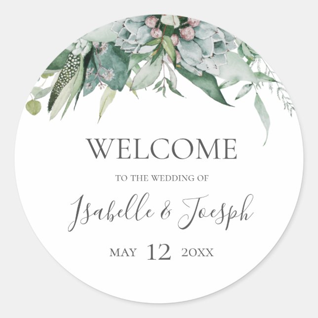 Succulent Greenery | Wedding Welcome Classic Round Sticker (Front)