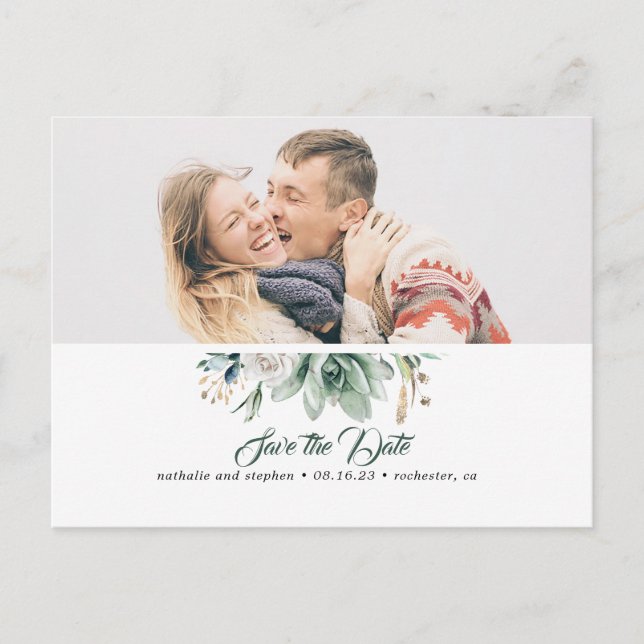 Succulent Greenery White Rose Save the Date Photo Announcement Postcard (Front)