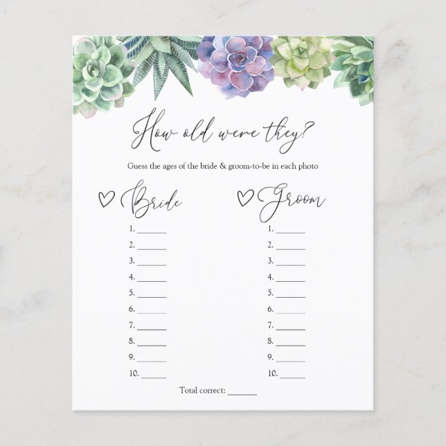 Succulent How Old Were They Bride and Groom Game (Front)