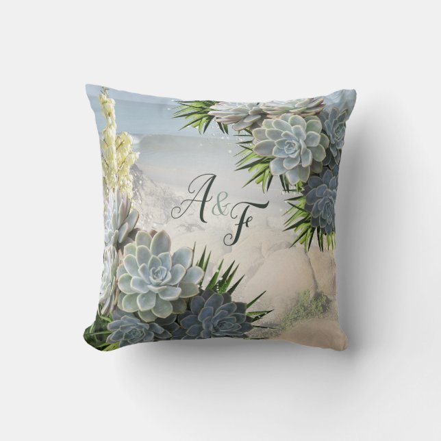 Succulent Hues of Pale Blues & Green Wedding Gift Throw Pillow (Front)