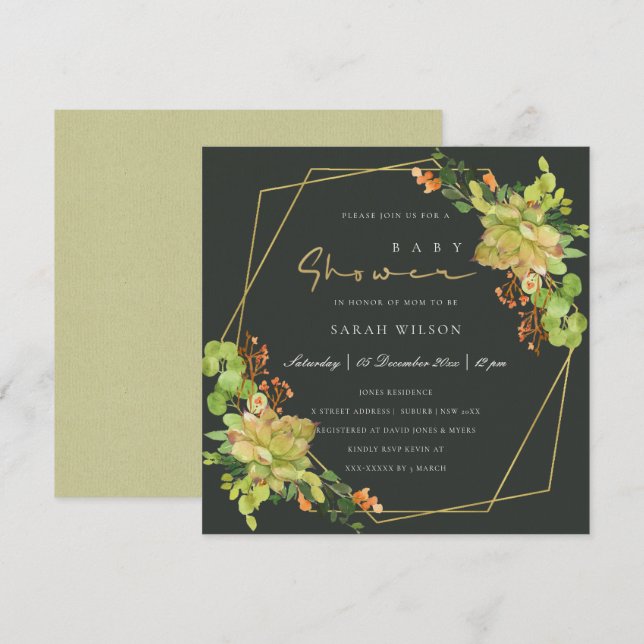 SUCCULENT KRAFT FLORAL WATERCOLOR BABY SHOWER INVITATION (Front/Back)