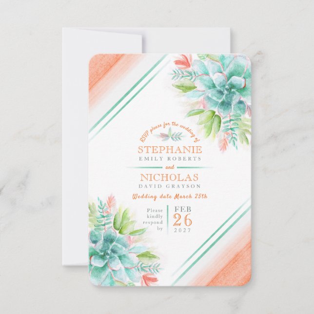 Succulent mariage vert orangé RSVP (Devant)