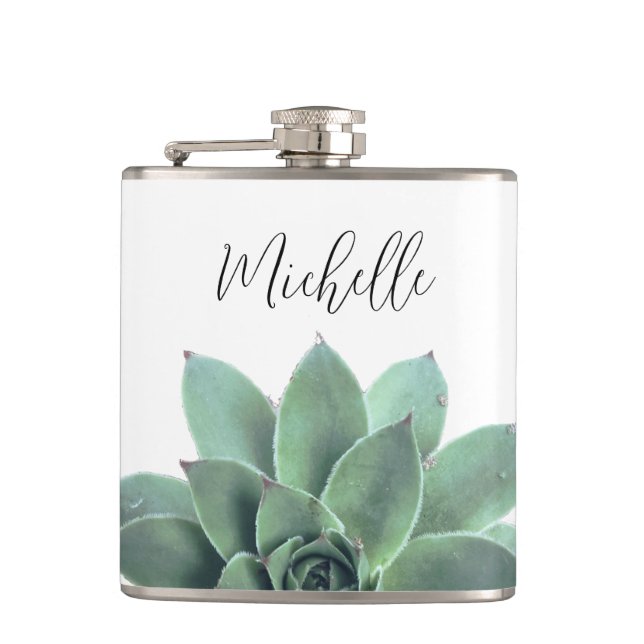 Succulent Monogram Desert Cactus Green Botanical Hip Flask (Front)