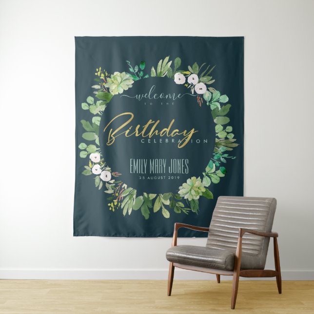 SUCCULENT NAVY FOLIAGE WATERCOLOR BIRTHDAY WELCOME TAPESTRY (In Situ)