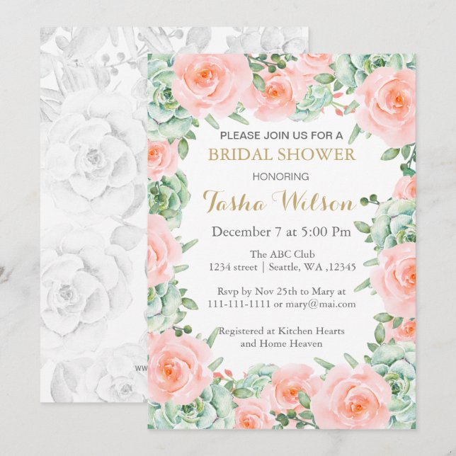 succulent peach roses Bridal Shower Invite (Front/Back)