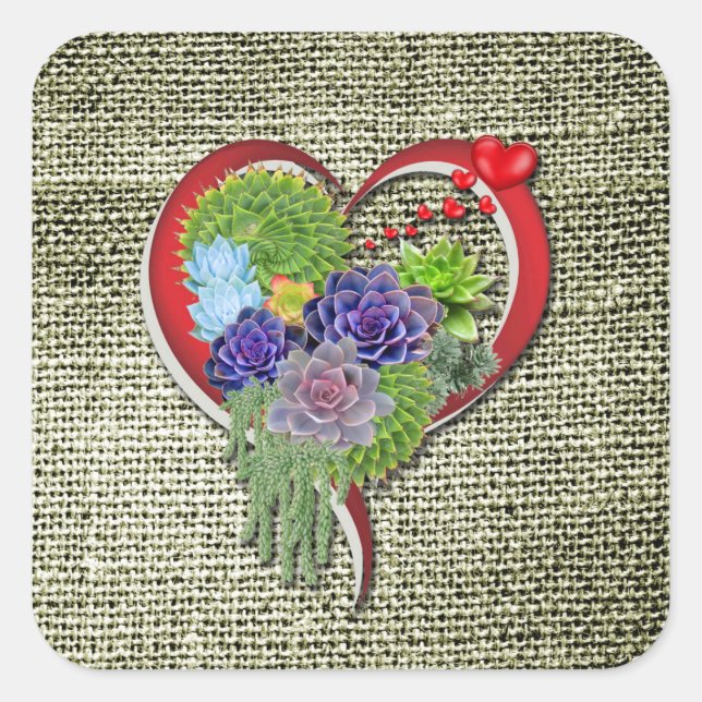 Succulent Plant Decor Within a Heart Square Sticker (Front)