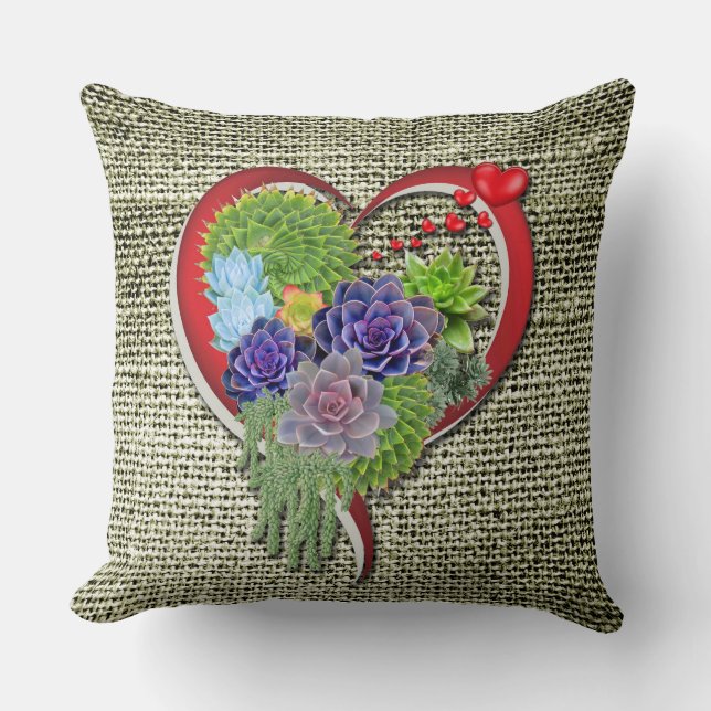 Succulent Plant Decor Within a Heart Throw Pillow (Front)