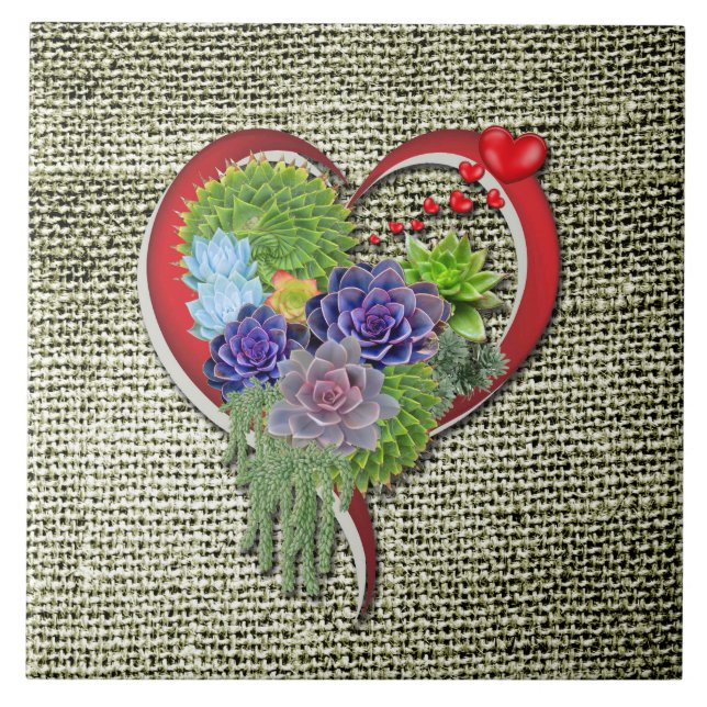 Succulent Plant Decor Within a Heart Tile (Front)
