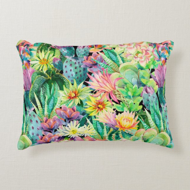 Succulent plants and cactus garden pattern accent pillow (Front)