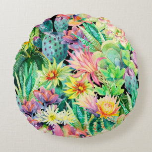 Succulent plants and cactus garden pattern round pillow