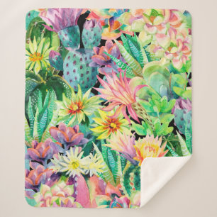 Succulent plants and cactus garden pattern sherpa blanket