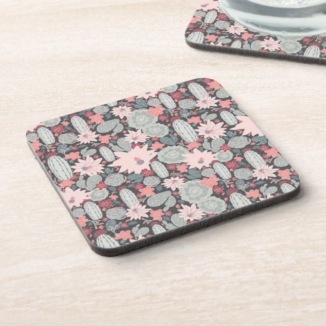 Succulent Plants And Cactus In Pink Pattern Coaster (Left Side)