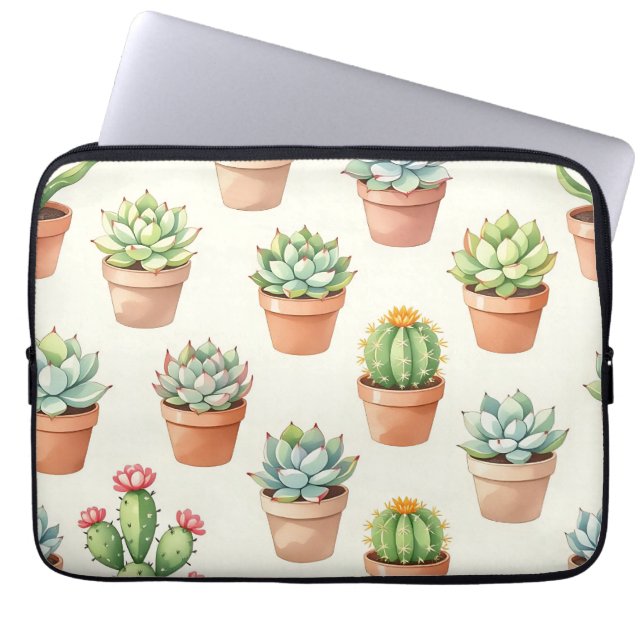 Succulent Plants Seamless Pattern Terracotta Pots Laptop Sleeve (Front)