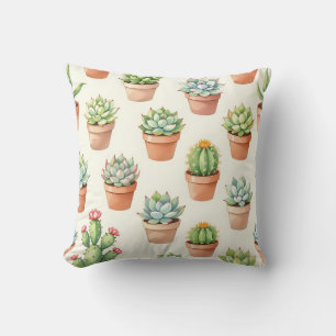 Succulent Plants Seamless Pattern Terracotta Pots Throw Pillow