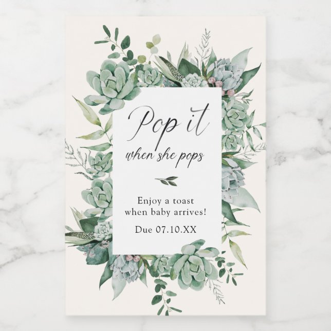 Succulent Pop it when She Pops Baby Shower Wine Label (Single Label)