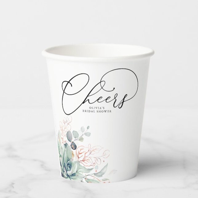 Succulent Rose Gold Greenery Leaves Elegant Modern Paper Cups (Front)