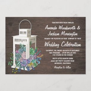 Succulent Rustic Wood Lantern Wedding Invitations