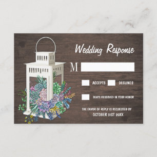 Succulent Rustic Wood Lantern Wedding RSVP Cards