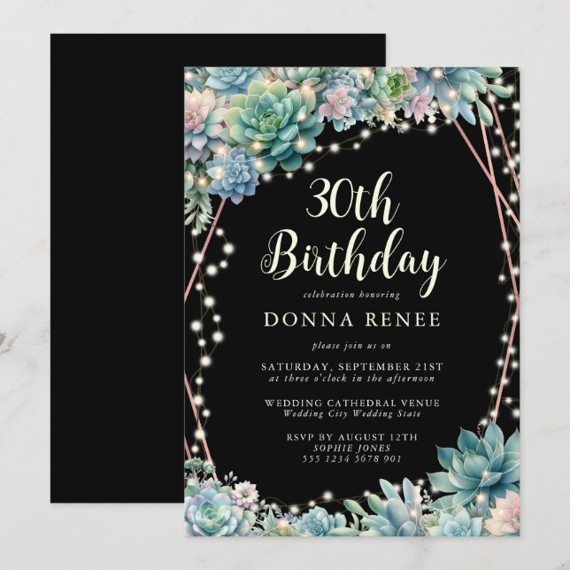 Succulent String Lights Black 30th Birthday Invitation (Front/Back)