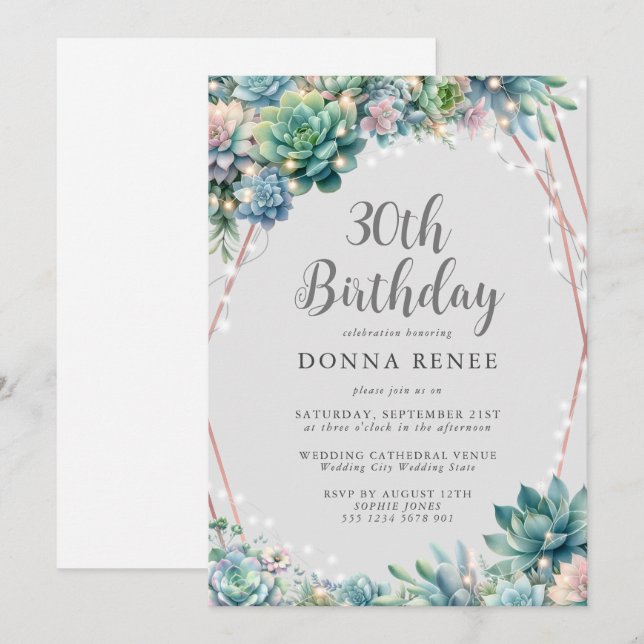 Succulent String Lights Pretty 30th Birthday Invitation (Front/Back)