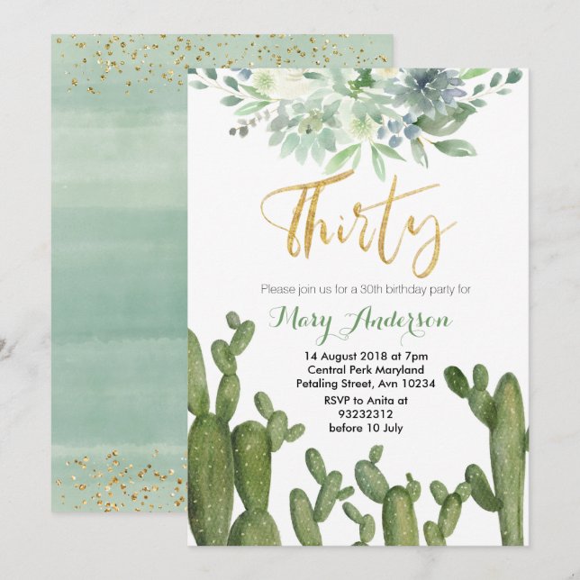 Succulent Trente 30e anniversaire Invitation cactu (Devant / Derrière)