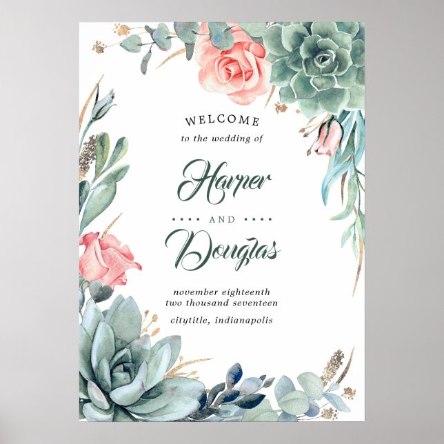 Succulent verdure Blush rose Mariage Affiche de bi (Devant)