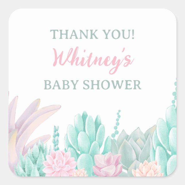 Succulent Watercolor Baby Girl Shower Thank You Square Sticker (Front)