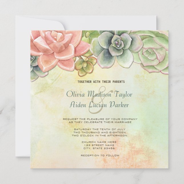 Succulent Watercolor Floral Wedding Invitation (Front)