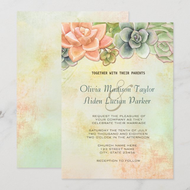 Succulent Watercolor Floral Wedding Peach Invitation (Front/Back)