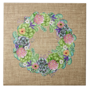 Succulent Watercolor Floral Wreath on Tan Tile
