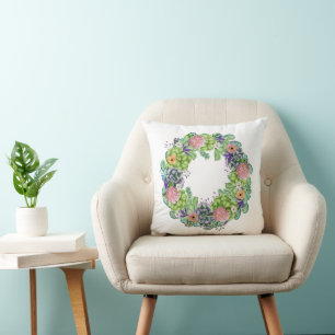 Succulent Watercolor Floral Wreath Throw Pillow